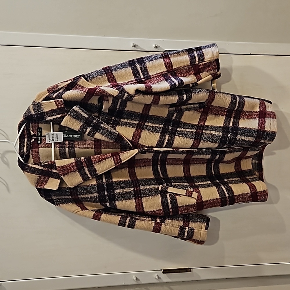 Blank NYC Cream Maroon Wool Oversized Go Ahead Plaid Longline Teddy Jacket L NWT - Picture 4 of 11